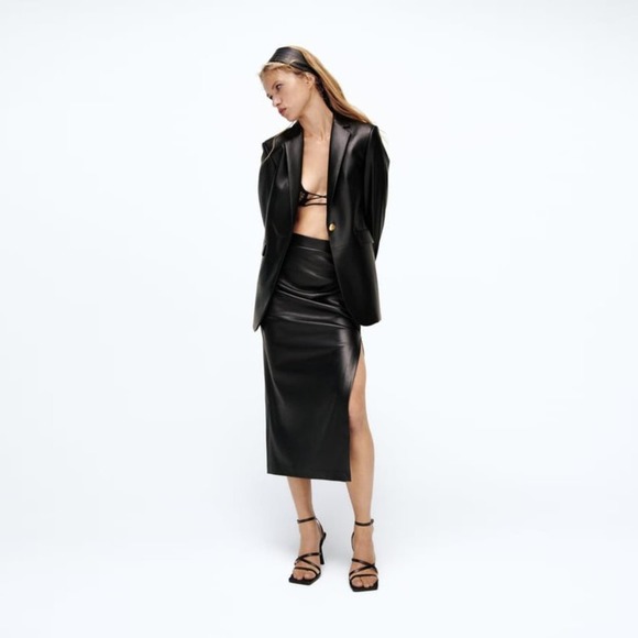 Zara Faux Leather Pencil Skirt Draped Slit Midi M - Picture 1 of 9